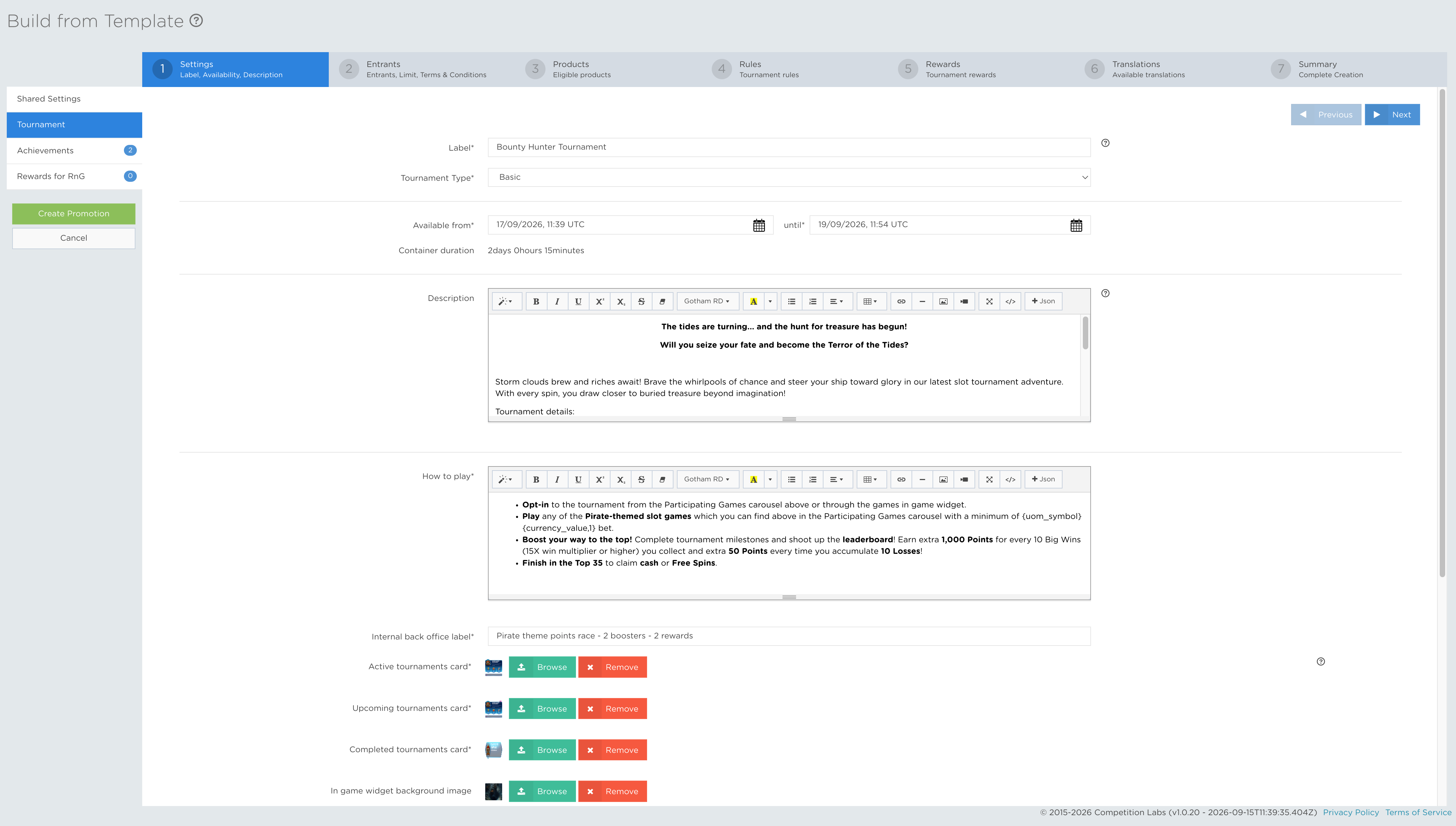 Flow Template Tournaments tab